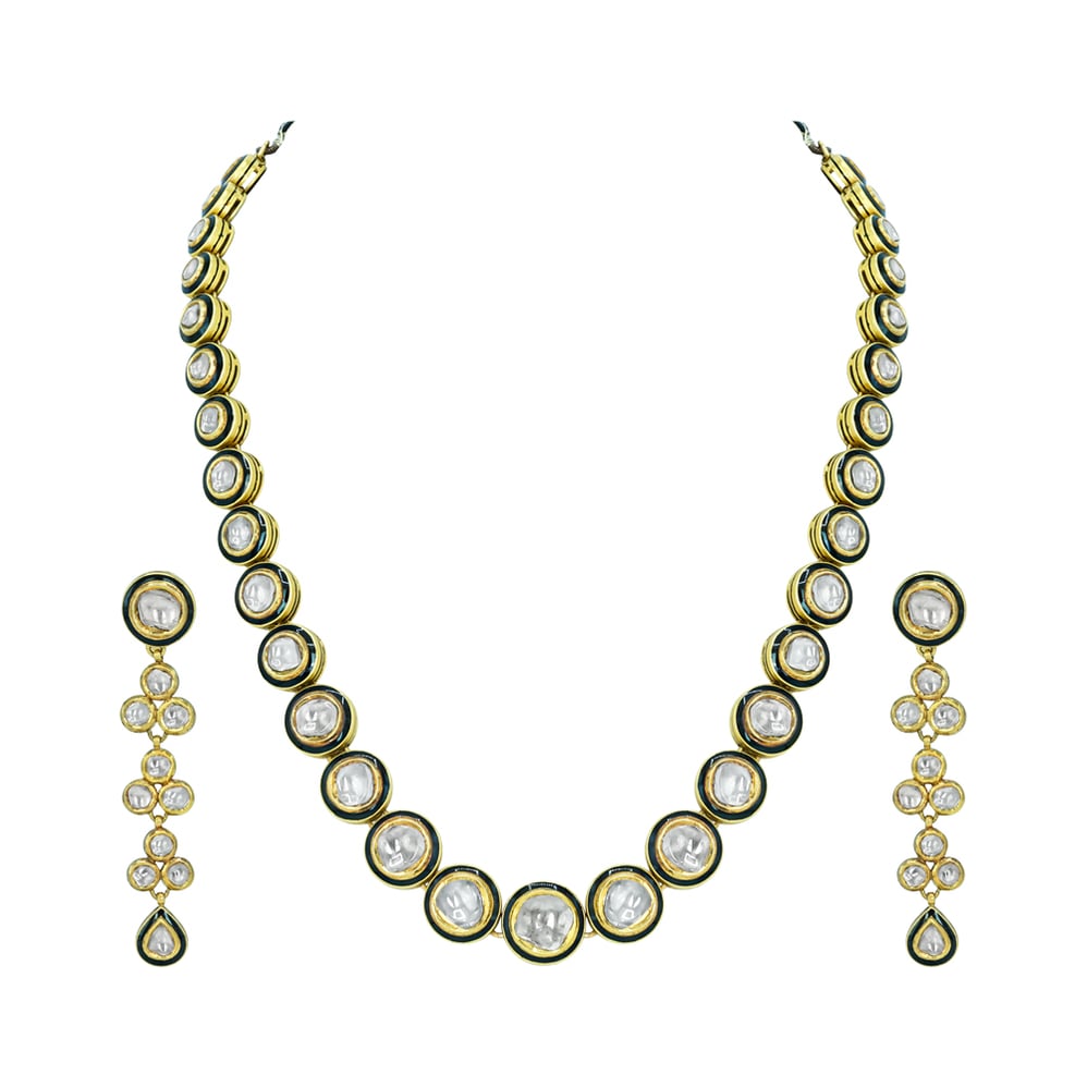 Black Enamel Polki Diamond Necklace Set for Timeless Elegance